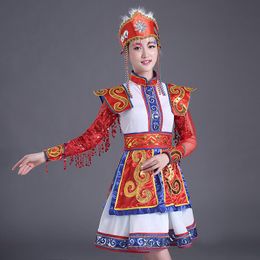 New Chinese Female Mongolian Dance short thnic minority stage performance Mongolian headwear+robe good quality dress Customized