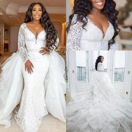 plus size mermaid wedding dresses with long sleeve modern detachable train lace pearls african garden beach wedding gowns