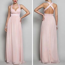 Sexy V-neck Formal Evening Dresses Floor Length Crisscross Back Modest Chiffon Bridesmaid Prom Gowns with Beading