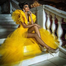 Yellow Sexy Prom Dresses With Deep V Neck S Front Split robe de soiree Ruffles Sleeves Tiered Evening Dress Cheap Party Gowns