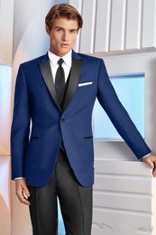 New Trendy Design One Button Blue Groom Tuxedos Groomsmen Peak Lapel Best Man Suits Mens Wedding Blazer Suits (Jacket+Pants+Vest+Tie) 1049