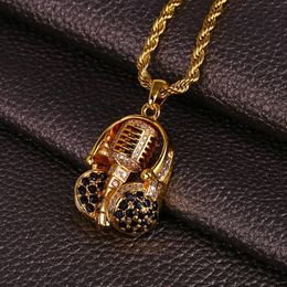 Fashion- Plated Bling CZ Cubic Zirconia Headset Microphone Pendant Twist Necklace Hip Hop Punk Rock Rapper Jewellery Gifts for Men and Women