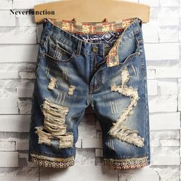 Summer New vintage Ripped Blue Men Jeans Short Streetwear Bermuda Hip hop Casual Holes Straight Denim shorts Size 28-40