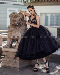 2020 New Arrival Short Tea Length Black Wedding Dresses V Neck Sexy Sheer Lace Top Princess Skirt Black Coloured Bridal Gowns