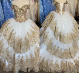 Glamorous Gold Lace Sweet 15 Quinceanera Dresses Ball Gowns Off The Shoulder Three Layers Overskirts Lace-up Prom Party Dress Evening Gowns