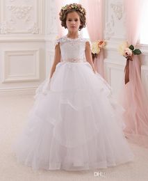 New Pink Flower Girls Dresses For Country Weddings Princess Sheer Neck With Belt Long Kids Birthday Communion Pageant Gowns
