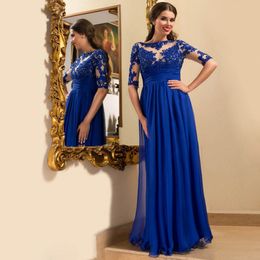 Royal Blue Long Formal Mother of the Bride Dress Sheer Neck Illusion Top Beaded Lace Appliques Wedding Guest Gown with Half Sleeves