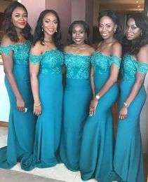 2020 Turquoise Navy Blue Lace Satin Mermaid Off Shoulder Bridesmaid Dresses Wedding Guest Maid of Honor Dress