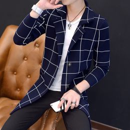 2019 Slim Plaid Single Breasted Trench Coat Teenager Design Pea Coat Fashion Men Casual Blazer Autumn Manteau Homme Black M-3XL
