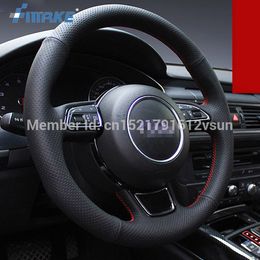 For Audi A7 High Quality Hand-stitched Anti-Slip Black Leather Red Thread DIY Steering Wheel Cover