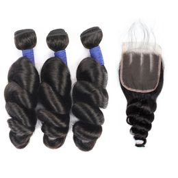 Ishow Loose Wave Human Hair Bundles With Closure 10A Brazilian Peruvian Virgin Hair Weave 3Bundles Hair Extensions Wefts for Women Girls All Ages Natural Colour