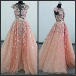 Light Coral Prom Dresses Sexy See Through Lace Appliques Beads Evening Dress Zipper Back Floor Length Formal Party Dress 2019