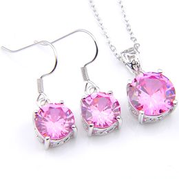 Women Earrigns Pendants Sets Luckyshine Round Kunzite Gems 925 Silver Necklaces Pink Zircon Party Gift Jewelry Sets Free shipping