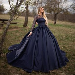 Navy Blue Beaded Ball Gown Prom Dresses Sheer Bateau Neck Long Sleeves Formal Dress Plus Size Sweep Train Satin Evening Gowns