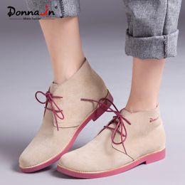 Donna-in Ankle Boots for Women Genuine Leather Casual Shoes Booties Woman 2018 Lace up Plus Size Flat Brand Martin Boots Ladies