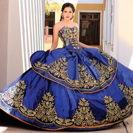 Royal Blue Tiered Ball Gown Quinceanera Dresses Beaded Sweetheart Neck Sweet 16 Dress Gold Appliqued Taffeta Corset Masquerade Gowns