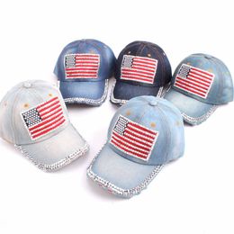 Fashion Baseball cap Women American Flag Rhinestone Jeans Denim Baseball Adjustable Bling Hat Cap