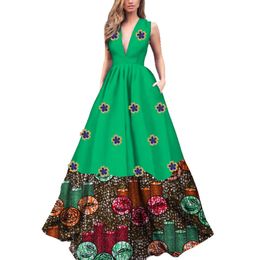 Дасики африканские печать длинные платья для женщин сексуальная лоскутная аппликация цветок V-образным вырезом платья Bazin Riche Vestidos Wy3551