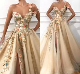 2020 One Shoulder Tulle A Line Long Prom Dresses 3D Floral Lace Applique Beaded Split Floor Length Formal Party Evening Dresses BC0684