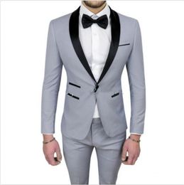 New Popular Design One Button Light Grey Wedding Groom Tuxedos Shawl Lapel Groomsmen Mens Dinner Blazer Suits (Jacket+Pants+Tie) 382