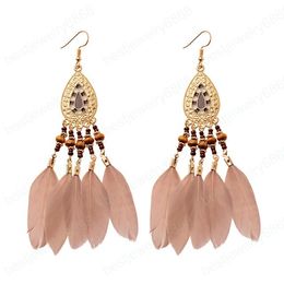 Vintage Boho Feather Earrings Water Drop Metal Earrings Beads Hanging Earrings Indian Jewellery Pendant Tassel Earring