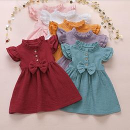 Baby Girls Dresses Children Bow Ruffle Princess Dress Solid Fly Sleeves Patchwork TUTU Dresses Infant Summer Party Birthday Suit PY461