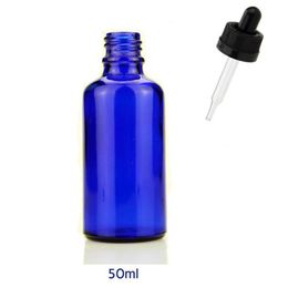 440pcs/lot Blue e liquid essential oil glass dropper bottles 50ml pipette dropper bottle with black white child proof cap In Stock