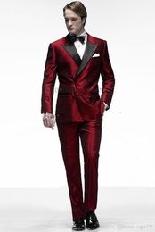 Red Satin Groom Tuxedos Double-Breasted Men Wedding Tuxedos Black Lapel Jacket Blazer Fashion Men Dinner/Darty Suit(Jacket+Pants+Tie) 1288
