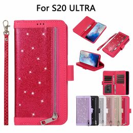 Glitter 9 Cards Slot Zipper Bling Strap Leather Case for Samsung S20 PLUS S20 Ultra S10 PLUS LITE NOTE10 PLUS S7 EDGE S8 S9 NOTE8 NOTE9