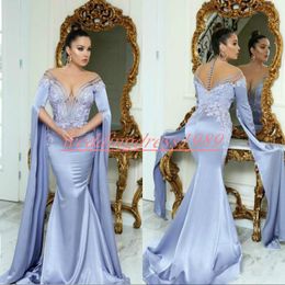 Sexy Deep V-Neck Mermaid Evening Dresses Arabic Long Sleeve Satin Beads Saudi Plus Size African Prom Formal Pageant Celebrity Party Gowns