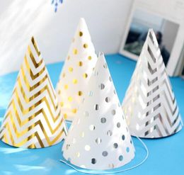 500pcs Happy Birthday Funny Party Cone Hat New Years Caps Gold Silver Stripe Elastic Neck Straps for Children Adults
