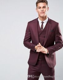 Latest Design Burgundy Man Work Suit Groom Tuxedos Notch Lapel Mens Business Suits Wedding Clothes (Jacket+Pants+Vest+Tie) D:263