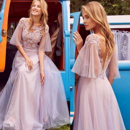 Purple A Line Prom Dresses Jewel Neck Short Sleeve Appliques Covered Button Tulle Party Gowns Sweep Train Evening Dress