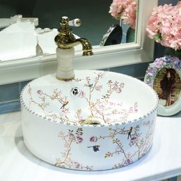 Jingdezhen factory directly art hand painted ceramic foot wash sink wash basin bathroom sinks flower and bird round