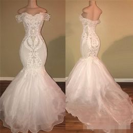 Mermaid Dresses Elegant Off the Shoulder Custom Made Organza Lace Applique Sequins Sweep Train Wedding Gown Vestido De Novia