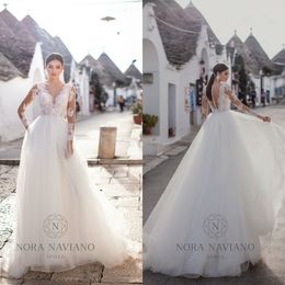 lace wedding dresses v neck appliqued long sleeves bohemian bridal gown bow sash ruffle sweep train custom made robes de marie