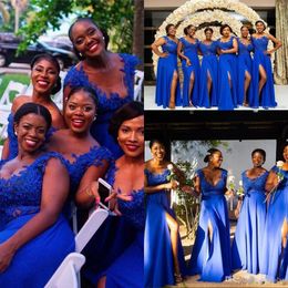 New Cheap Royal Blue Bridesmaid Dresses Scoop Neck Lace Chiffon Illusion Cap Sleeves Side Split Floor Length Plus Size Wedding Guest Gowns