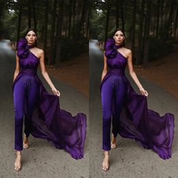 Modern Purple Prom Dresses Halter Neck Ruched Overskirt Women Jumpsuits Ankle Length Occasion Party Dress 2020 Evening Gowns
