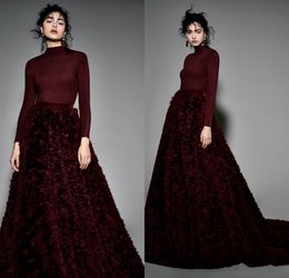 Burgundy Prom Dresses High Neck A Line Sweep Train Custom Made Long Sleeve Evening Dress Ruffles 3D Floral Appliques Formal Occasion Gowns