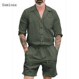 Cotton Blends Jumpsuit Mens Casual Thin Long sleeve Rompers Solid Colour Overall Single Breasted Romper Pocket Shorts or Trousers1297z