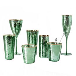 Vintage Emerald Green Wine Glasses Gold Rimmed Hammer Texture Glass Champagne Goblet Home Hotel Restaurant Barware