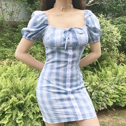 Women's Dress 2020 Retro Plaid Bustier Push Up Bow Mini Vestidos Puff Sleeve Bodycon Dresses Street Fashion Girls Sweet Outfits