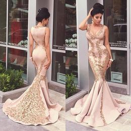 2018 Gorgeous Mermaid Long Evening Dresses scoop Gold Lace Applique Prom Dresses Saudi Arabic Elegant Style Party Gowns sweep train