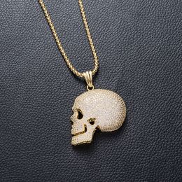Wholesale-Gold Colour Skull Pendants Hip Hop CZ Stone Paved Bling Ice Out Necklace for Men Rapper Jewellery