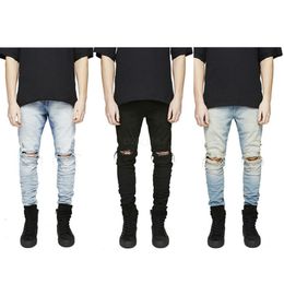 Men Skinny Ripped jeans Brand Runway Distressed slim elastic jeans Hole denim Biker hiphop pants Washed black jeans LJJA2606