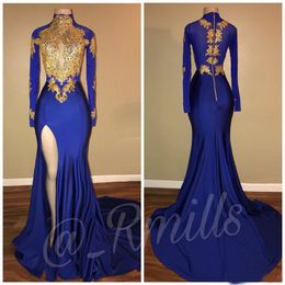 2019 Sexy High Neck Blue Prom Dresses Mermaid Slit Long Sleeves Party Dress Evening Wear Lace Applique Sequined Graduation Gowns 2K19
