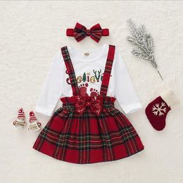 Baby Girl Clothes Infant Girls Letter Romper Plaid Skirt Bow Headband 3pcs Sets Christmas Children Outfits Boutique Baby Clothing DW4808