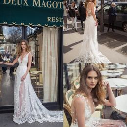 deep v neck dresses tulle lace appliques side split beach wedding gowns buttons back sweep train boho vestido de novia