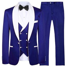 Newest Groomsmen Royal Blue Groom Tuxedos Shawl White Lapel Men Suits Wedding Best Man Bridegroom (Jacket + Pants + Vest + Tie) L247