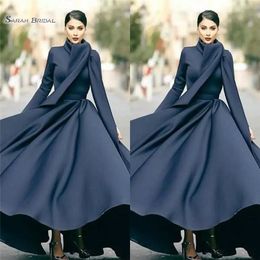 silver graduation dress Canada - Simple A-line Prom Dresses High Neck Long Sleeve Ruched Abric Dubai Formal Gown Satin Evening Maxi Dress